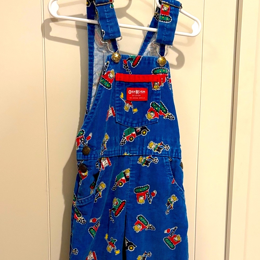 OshKosh B'gosh Rare Vintage Vibrant Blue Kids Overalls with Trucks Print 4T